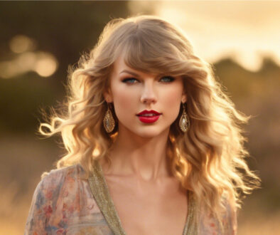 A woman with long, wavy blonde hair stands outdoors in soft focus. She wears large oval earrings and a patterned top with a gold trim. Her red lipstick contrasts with the warm, blurred background of trees and grass under a golden sky.