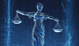 A digital illustration of Lady Justice. She is depicted as a metallic statue with a blindfold, holding scales in each hand. The background is a blue, digital matrix-like pattern, adding a futuristic feel to the classical image of justice.