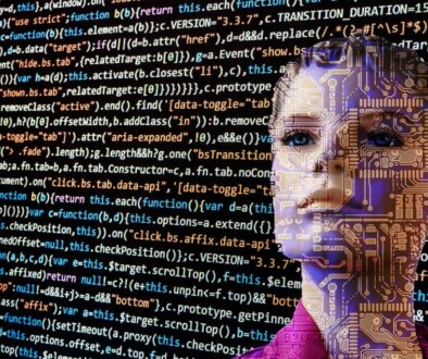 A humanoid figure with circuitry patterns on its face is overlaid on a background of colorful programming code. The JavaScript syntax reflects advancing technology and AI regulation, symbolizing the intersection of artificial intelligence and human-like machines in an era shaped by the newly approved AI Act.